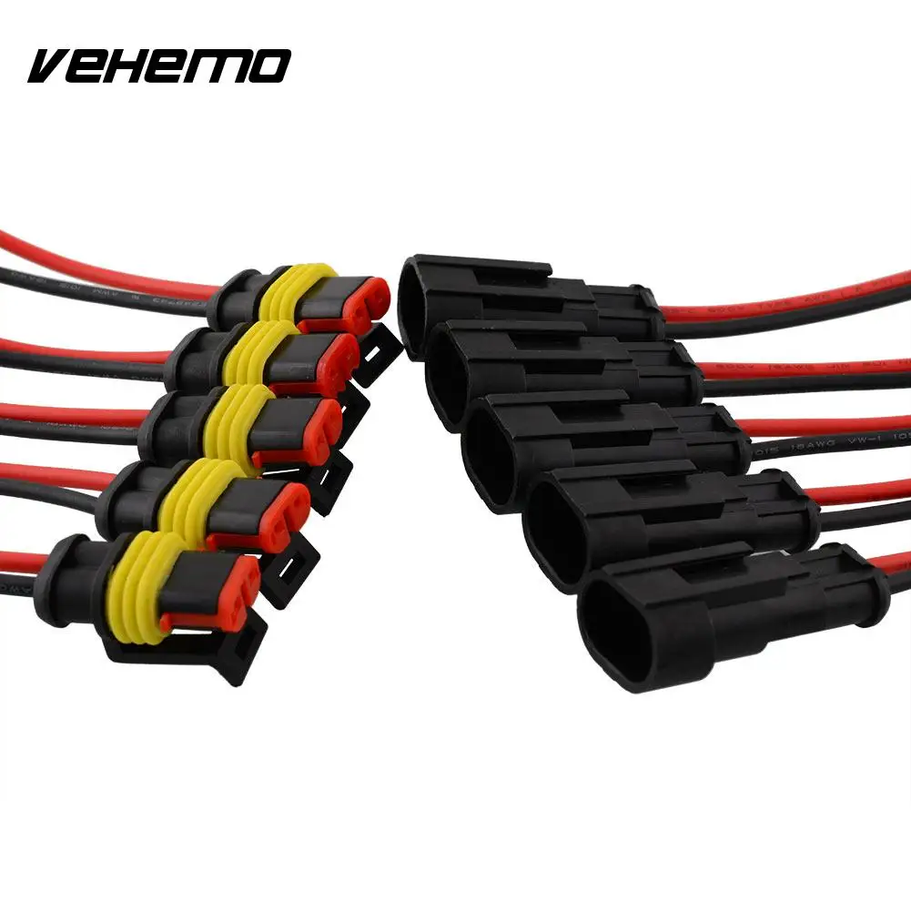 

Vehemo Hot 5 set 2 Pin Car Auto Vehicle Waterproof Electrical Connector Adapter W/Wire AWG Black High quality
