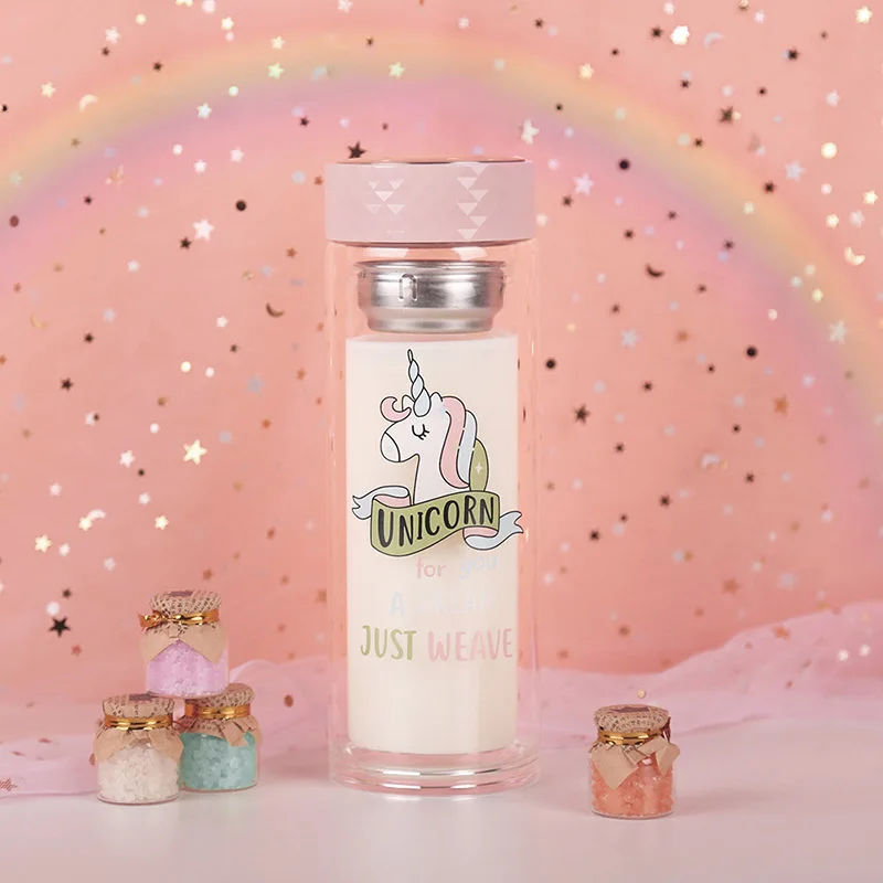 Pink Water Bottle В виде единорога из мультфильма, с двойными стенками, Стекло бутылка для воды Кофе Чай Кубок Герметичные для спорта и путешествий, прозрачные питьевые инфузионный стакан - Цвет: Pink Water Bottle