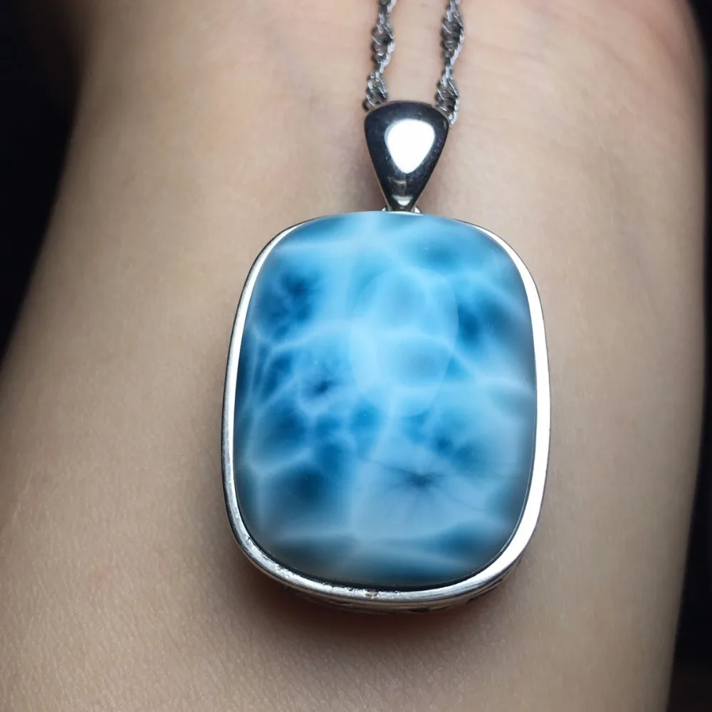 

Fine jewelry Real 925 Sterling silver s925 solid silver 100% Natural Larimar Female Pendant Necklace for women Fine Necklaces