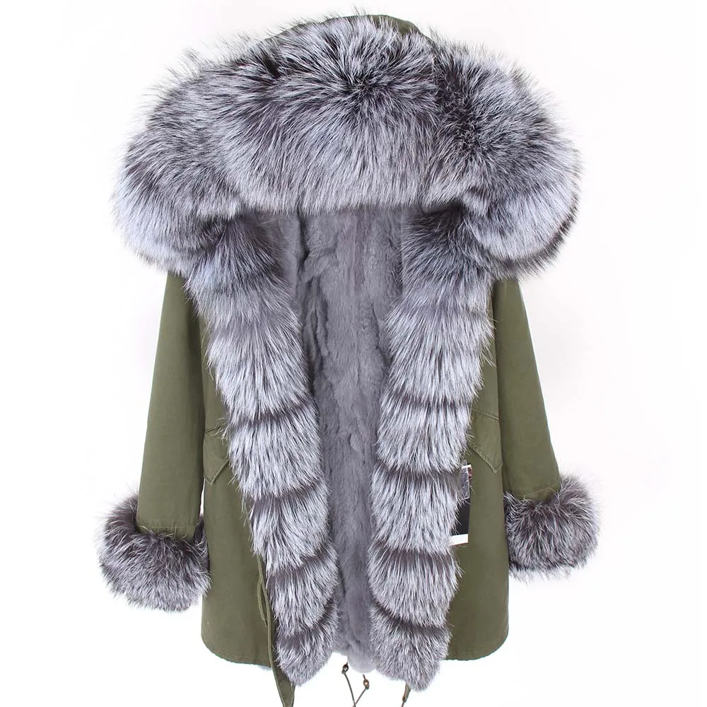 Новинка, зимняя куртка, Женская длинная куртка с воротником из меха лисы, Толстая теплая съемная подкладка из кроличьего меха