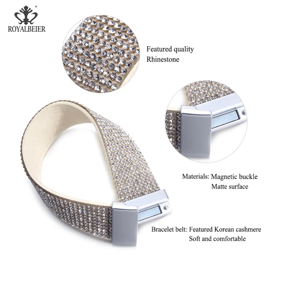 RoyalBeier New Fashion Leather Crystal Bracelet For Women Sparkling Rhinestone Inlaid Women Soft Wide Magnet Buckle Pulsera