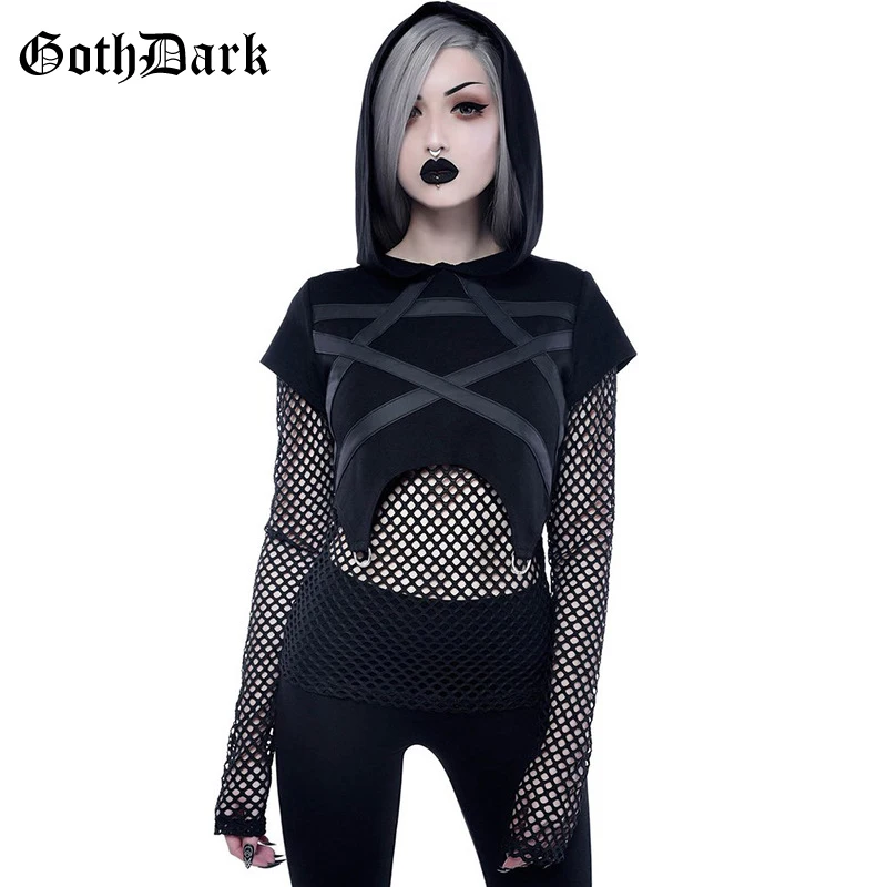 Готический темно-черный сетчатый гранж-панк готический женский свитер с дырками в стиле пэчворк винтажные толстовки с прозрачными заклепками в виде пупка