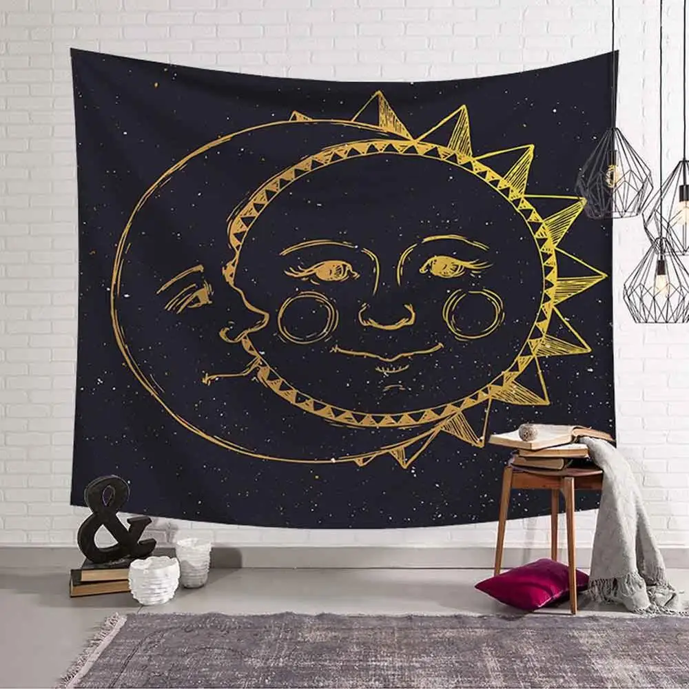 Черно-белый Солнце Луна психоделический гобелен Небесный индийский солнце хиппи гобелен в стиле хиппи Настенное подвесное покрывало декоративные покрывала