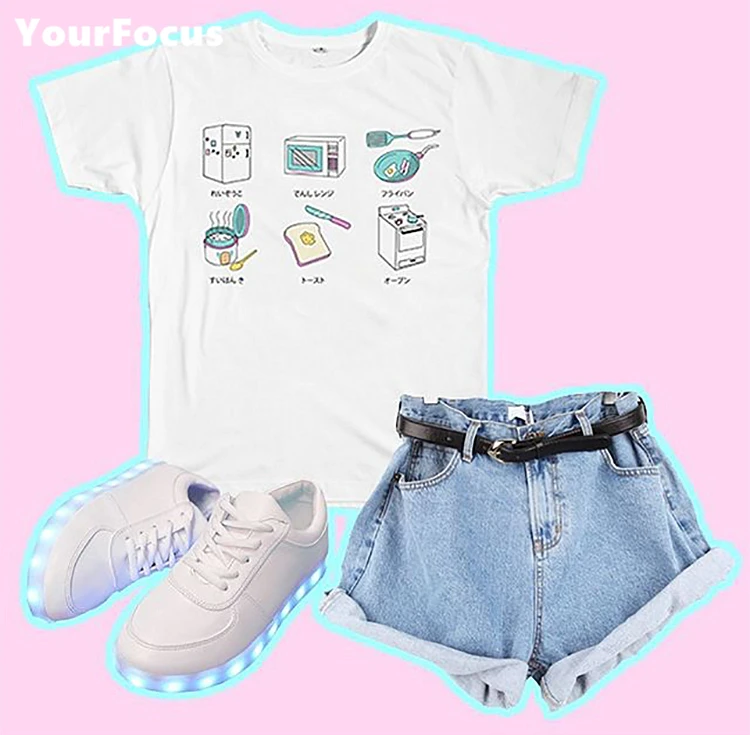 

2018 summer kawaii cute sweet harajuku style color graffiti cartoon Japanese print shirt white cotton tshirt women tops