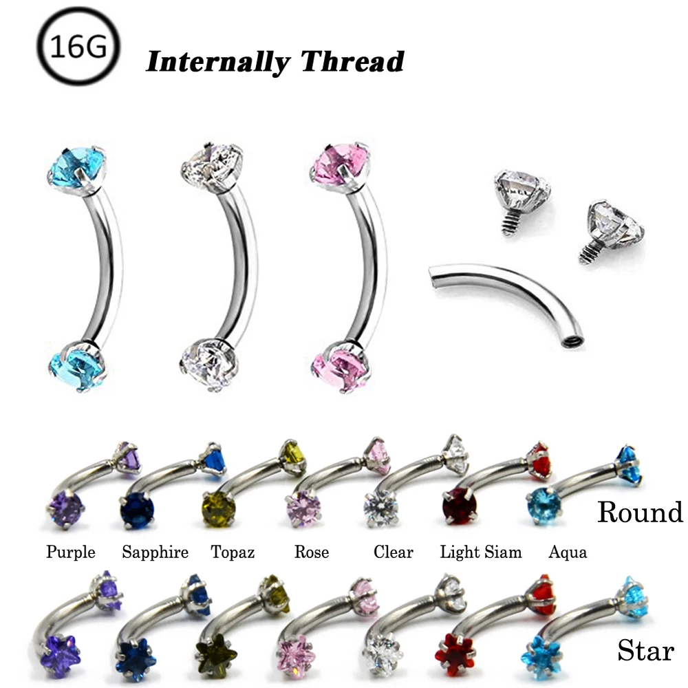 

2pcs Prong Setting Star & Round Cubic Zircon Curved Barbell Piercing Eyebrow Bar Ring Banana Lip Retainers Ear Cartilage Helix