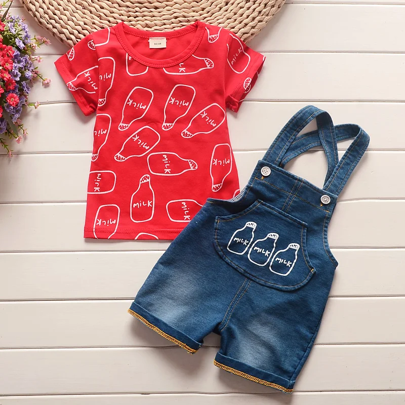 BibiCola/летний комплект одежды для маленьких мальчиков, хлопковый спортивный костюм из 2 предметов, комплект детской одежды, Детская футболка с рисунком+ комбинезон