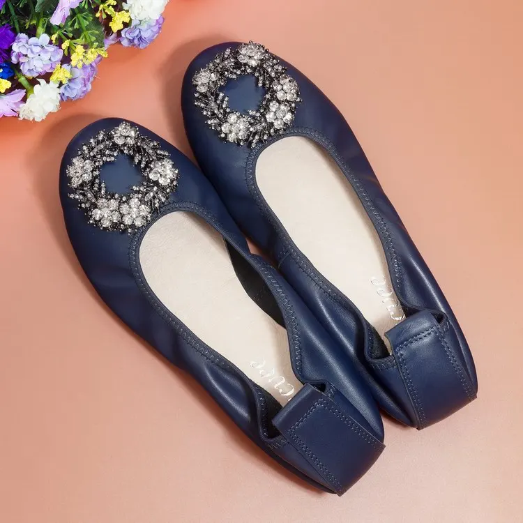 Plus Size 34-43 Ladies Flat Shoes Fashion Bling Rhinestone Women Flats Casual Genuine Leather Ballet Flats Fold Up Gold Shoes (12)