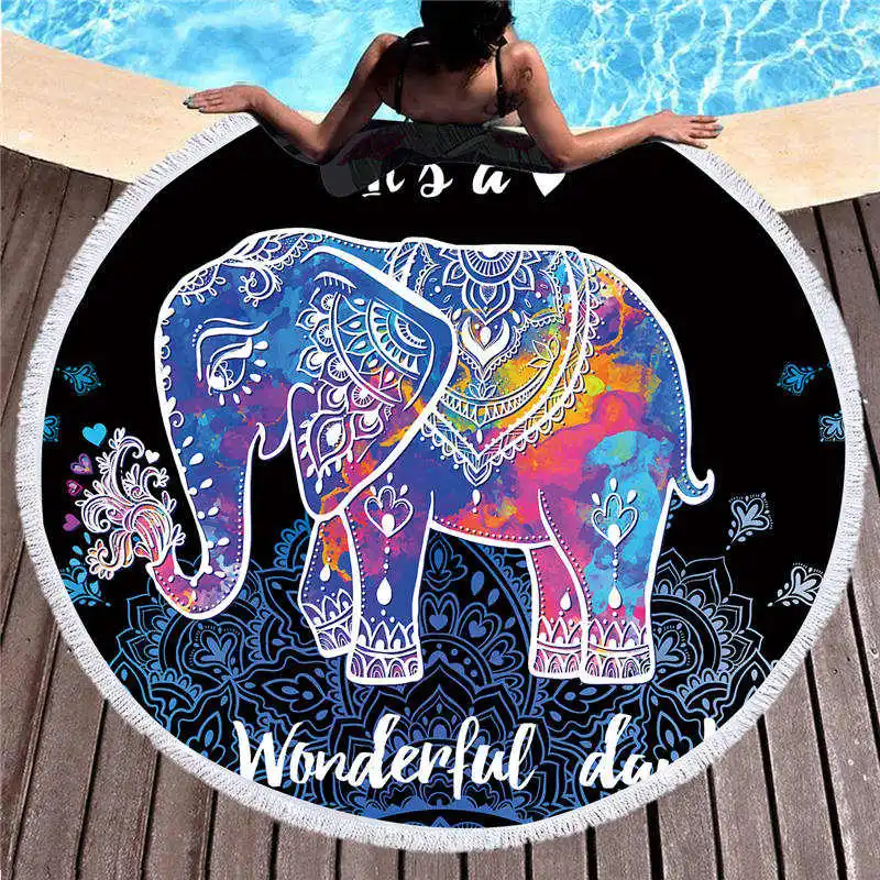 Microfiber Large Round Beach Towel for Adults Wolf Printed Tassel Indian Blanket Adult Bath Tapestry Yoga Mats | Дом и сад