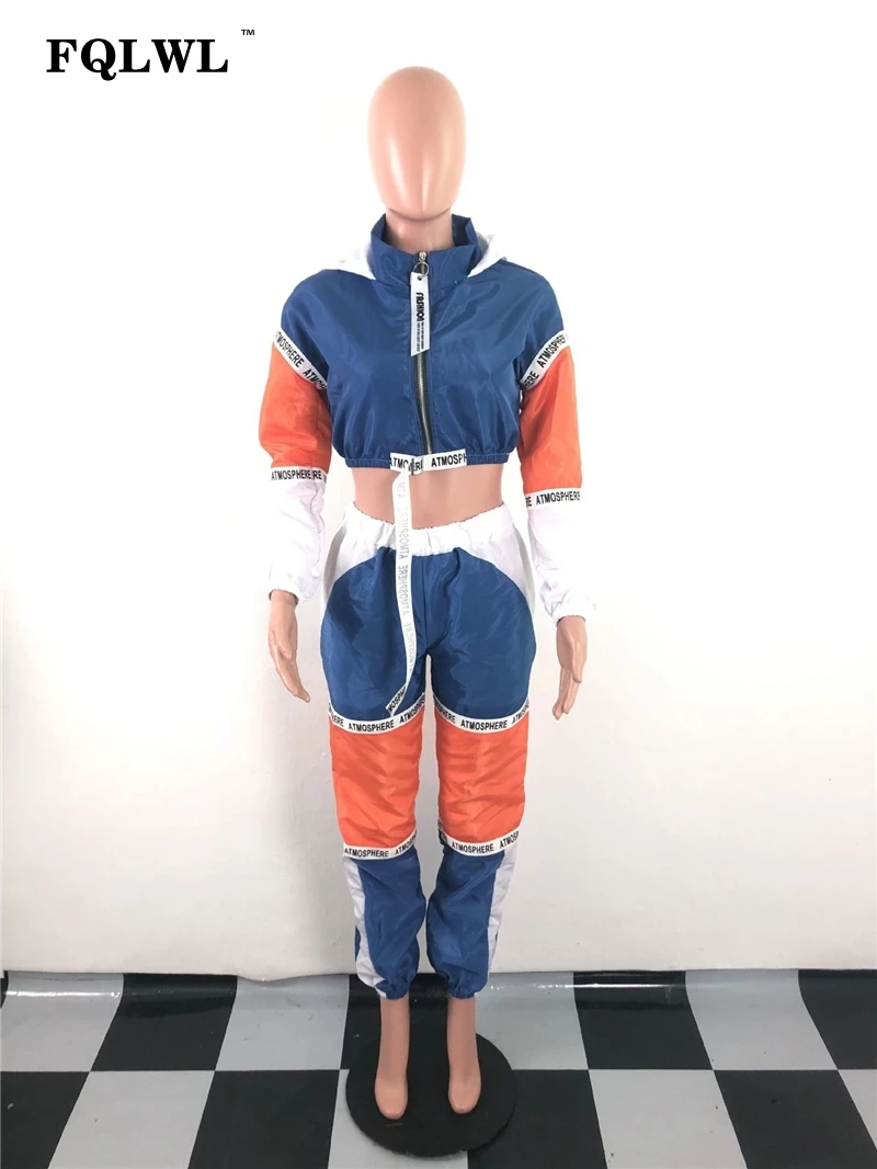 FQLWL, Лоскутная Женская одежда из двух частей, с буквенным принтом, с капюшоном, с длинным рукавом, укороченный топ+ штаны, уличная одежда, спортивный костюм, женские комплекты