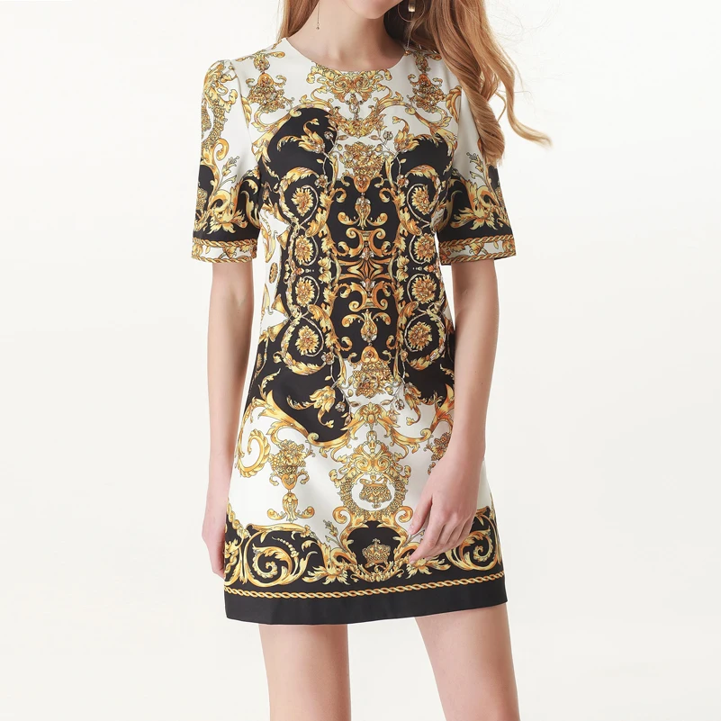 

High quality 2019 new summer fashion women dress Round neck crystal Diamonds vintage printed loose mini dress