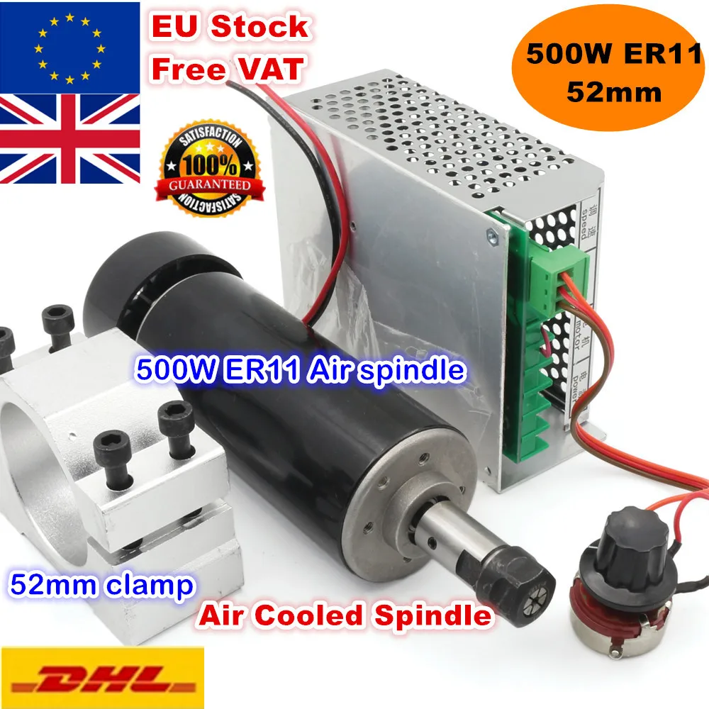 【DE】0.5KW ER11 Air Cooled Spindle Motor 500W+52mm Holder+Speed Controller CNC 