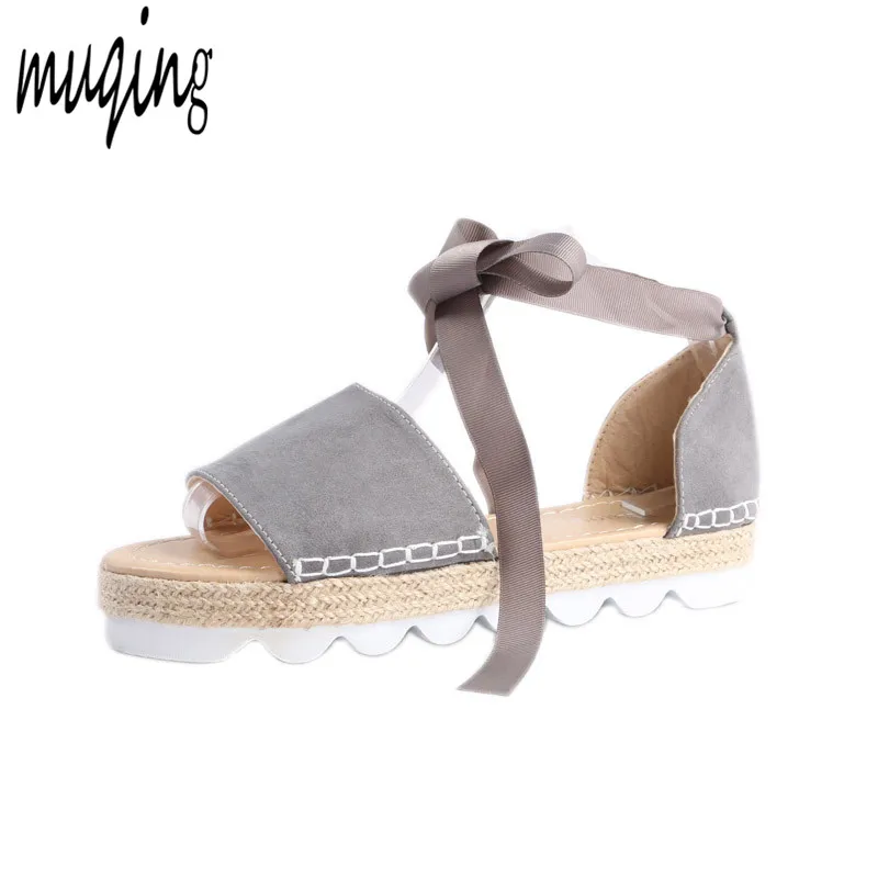 

Summer Fashion Open Toe Suede Sandals Platform Cover Heel Lace Up Ankle Strap Bowknot Flock Flats Peep Toe Casual Shoes 7N0003