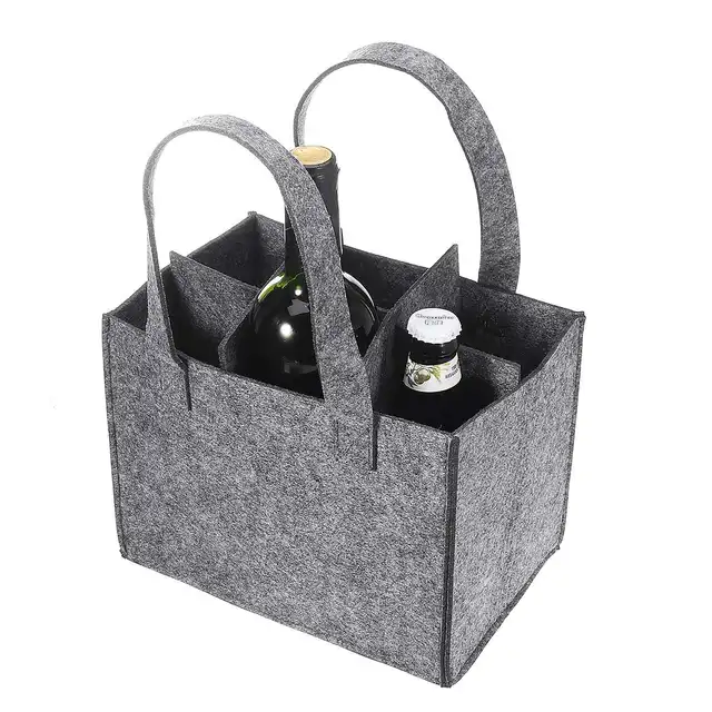 Reusable Fashion Felt Bag Wine Holder Beer Bottle Shopping Tote Bag Bottle Carrier with 6 Bottles Divider Washable Grey 1