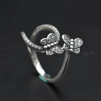 

925 Sterling silver Adjustable double butterfly opening crystal zirconia ring gift for woman wedding bands fashion party rings