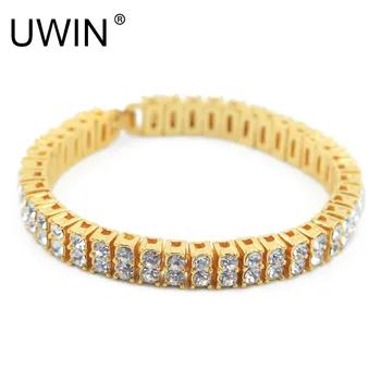 

UWIN Hip hop Men Bracelet color/Gold Color Iced Out 2 Row Rhinestones Bracelet Chain Clear Crystal Bracelet Bangle Jewelry 20cm