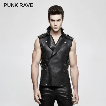 

PUNK RAVE Mens Vest Punk Men Military Split Stripe Vest Coat Fashion Sleeveless Cool Leather Vest Club Party Gothic Tank Tops