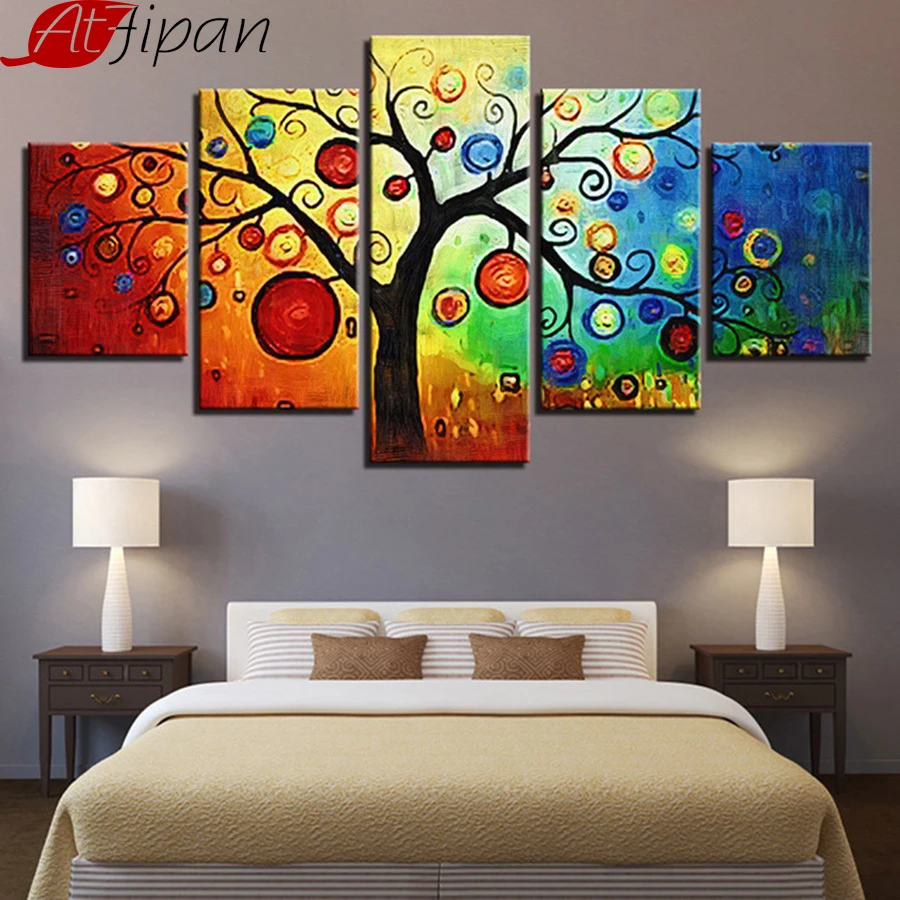 

Canvas HD Prints Pictures Home Decor Wall Art 5 Pieces Color Leaf Trees Paintings Cartoon Tree Abstract Poster Living Room Frame