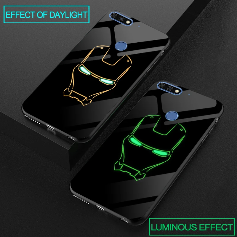 

Luxury Luminous Tempered Glass Cases For Huawei P Smart FIG-LX1 Soft Silicone Cover For Huawei Honor Enjoy 8 7C 7X Superman Case