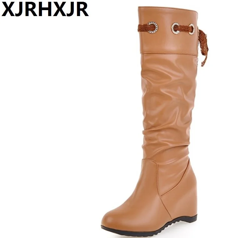 

XJRHXJR Fashion Hot Sale New Arrive Women Boots Black White Brown Low Heel Knee Boots Slip On Autumn Winter Ladies High Boots