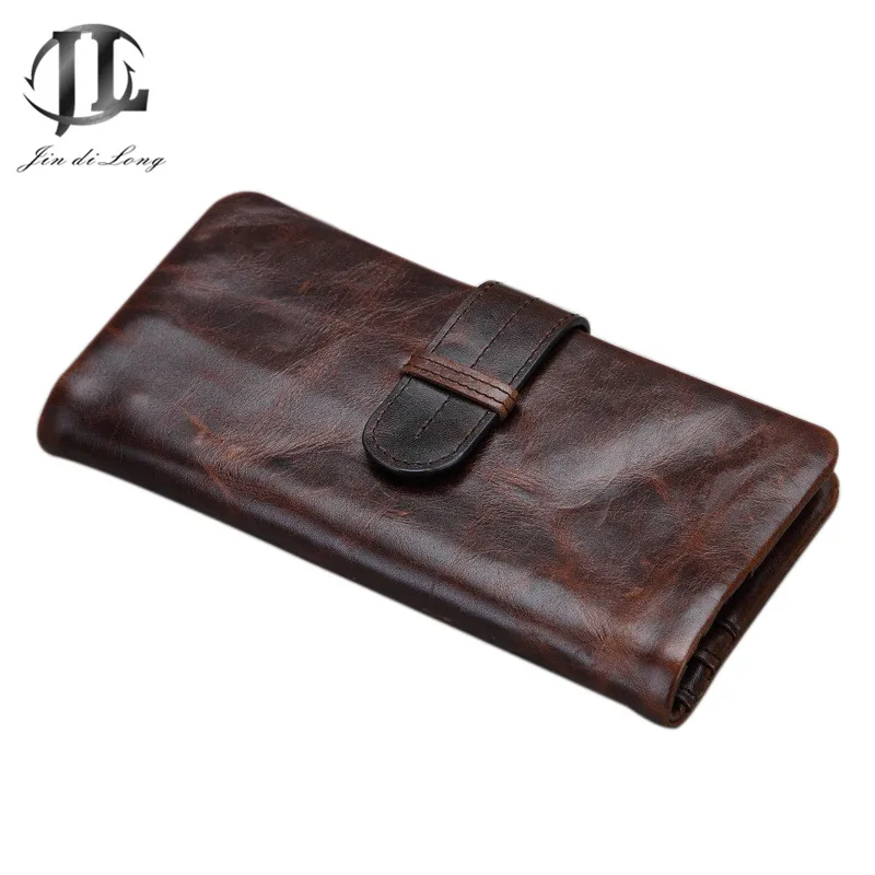 New Vintage Oil Waxed Genuine leather Men Organizer Wallet Money Purse Card holder Phone Photo Coin Package Zipper Clutch Bag