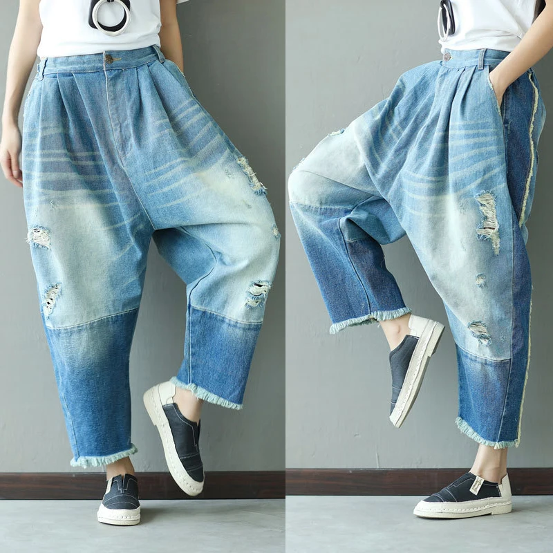 Free Shipping 2021 New Fashion 3/4 Pants For Women Denim Jeans Trousers Loose Elastic Waist Harem Pants With Holes Summer Pants women s broken holes denim harem trousers versatile and thin high waisted nine minute old dad jeans