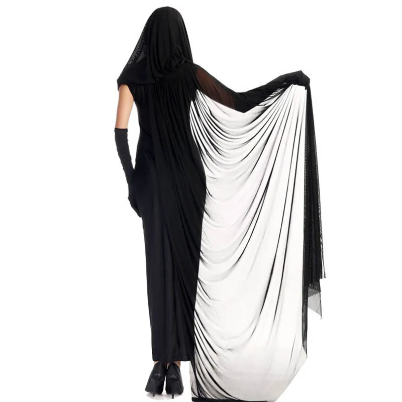 Хэллоуин взрослых женщин ведьмы вампира Косплей Костюм Фантазия черный призрак смерти невесты с капюшоном плащ Длинные платья одежда Униформа