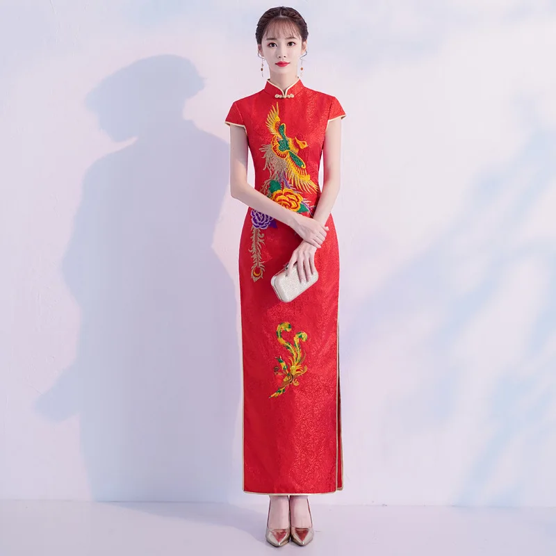 Красное женское длинное Ципао китайское стильное платье Qipao весенне-летние тонкие вечерние платья Дамские пуговицы Vestido Размер S-4XL