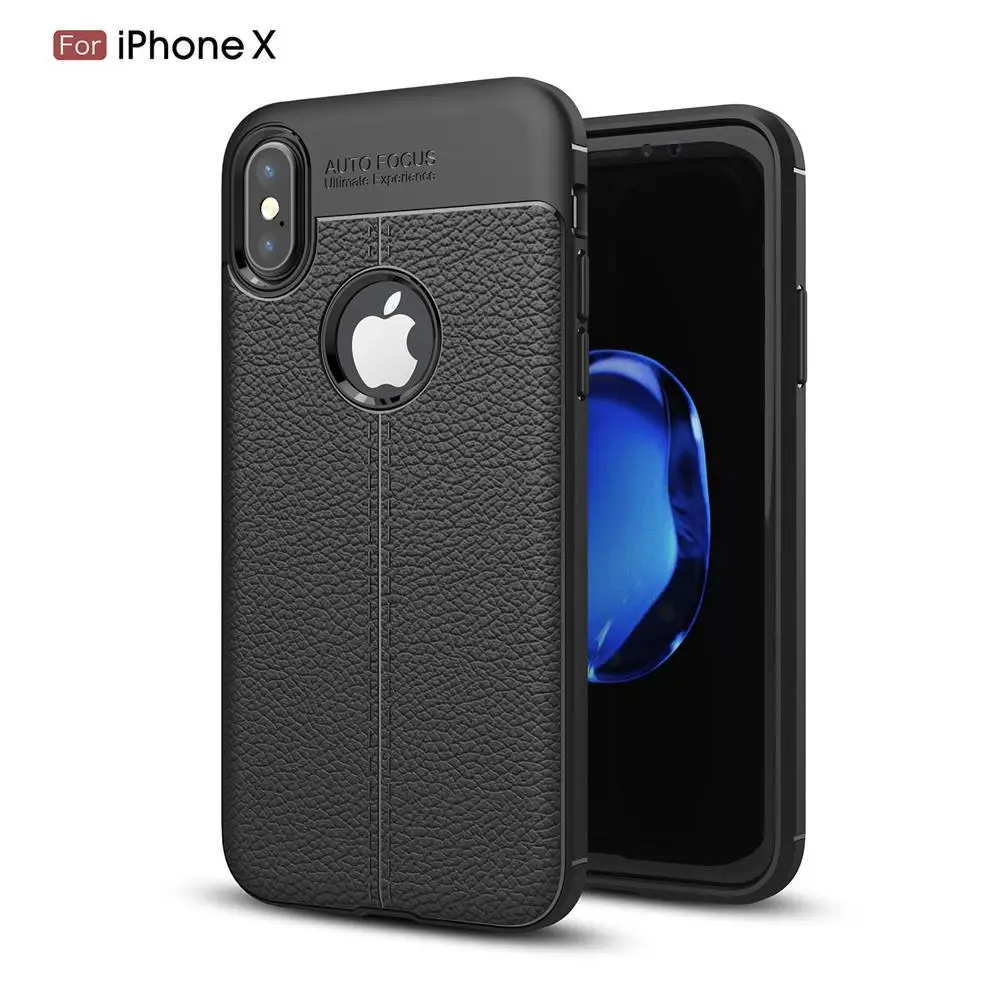 Luxury Auto Focus Litchi Texture Silicone TPU Back Cover for iPhone X(5.8 inch) - Black