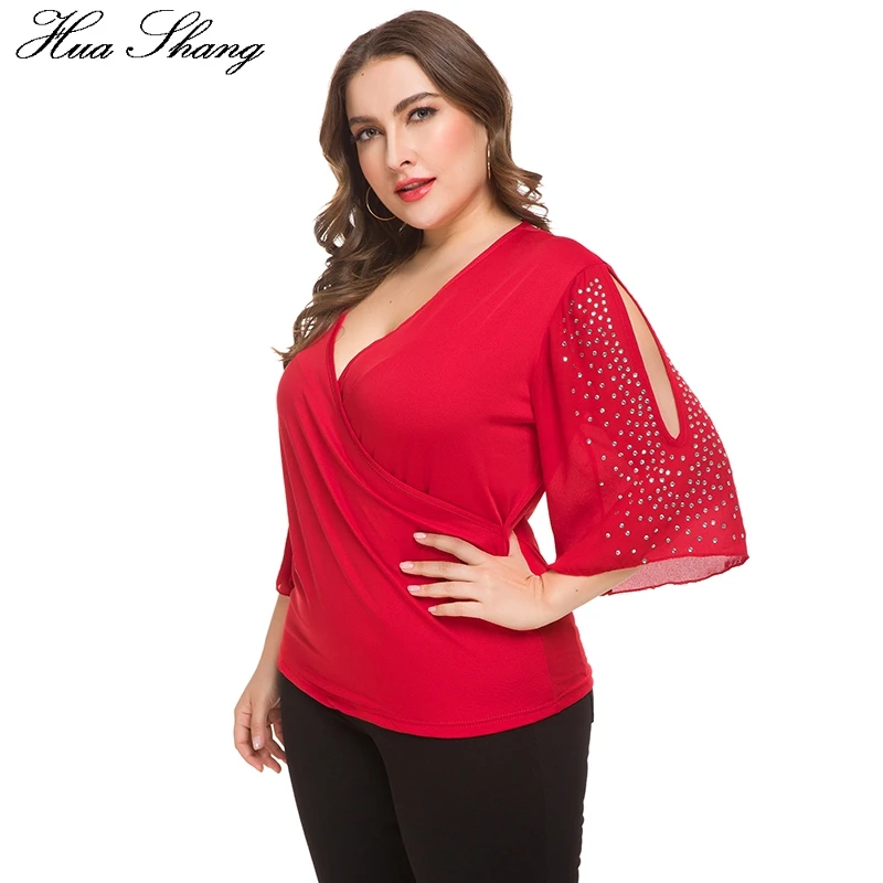 Koop Rode Vrouwen Tops 2019 Zomer V hals Drie Kwart Mouw Losse Oversized Blouse Elegante Koude Schouder Diamanten Plus Size Blouse