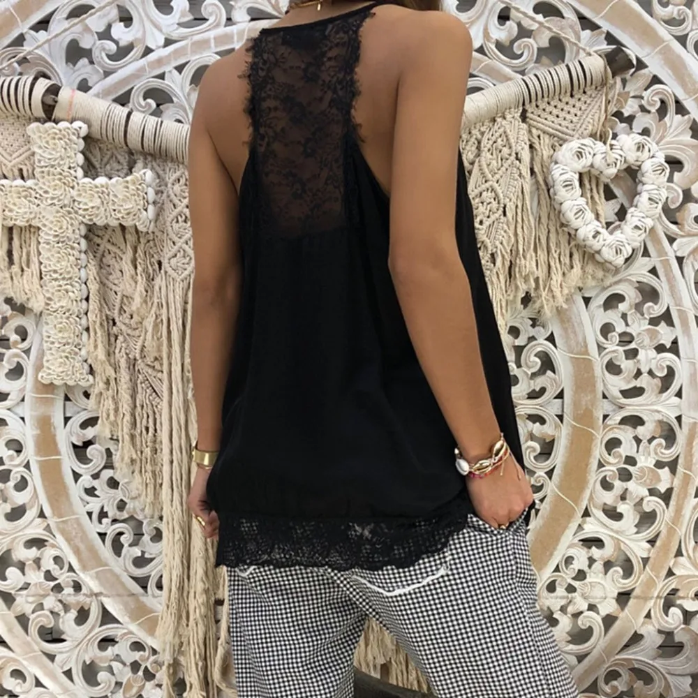 Vetement femme женские летние модные однотонные сексуальные кружевные лоскутные вставки с v-образным вырезом на бретельках свободные майки черные белые кружевные топы