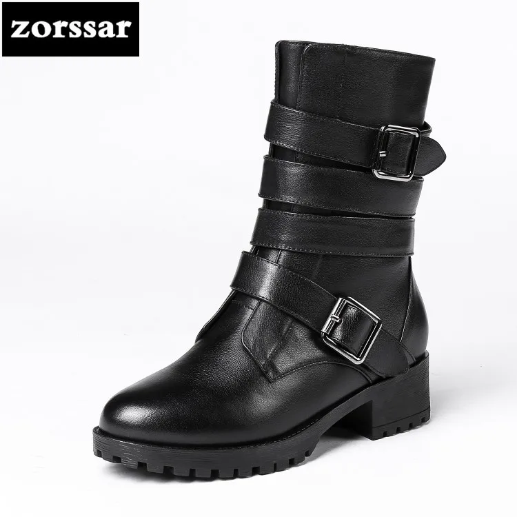

{Zorssar} Fashion Women Ankle Boots Soft Leather Med Heel Shoes Comfortable Women Motorcycle Boots Lace Up Winter Warm Shoes