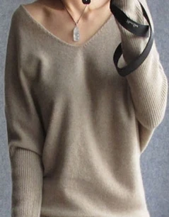 Весенне-осенние кашемировые свитера для женщин, модный сексуальный свитер с v-образным вырезом, свободный свитер из шерсти, рукав летучая мышь, пуловер размера плюс - Цвет: khaki