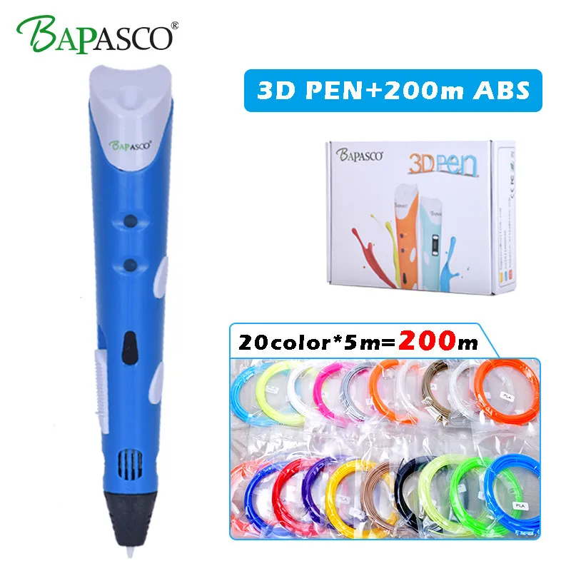 

Original BAPASCO 3d pen+200m(20Color) ABS Filament Smart 3d printer pen Best Gift for Kids Pen 3D DIY Creacte printing pen 3D