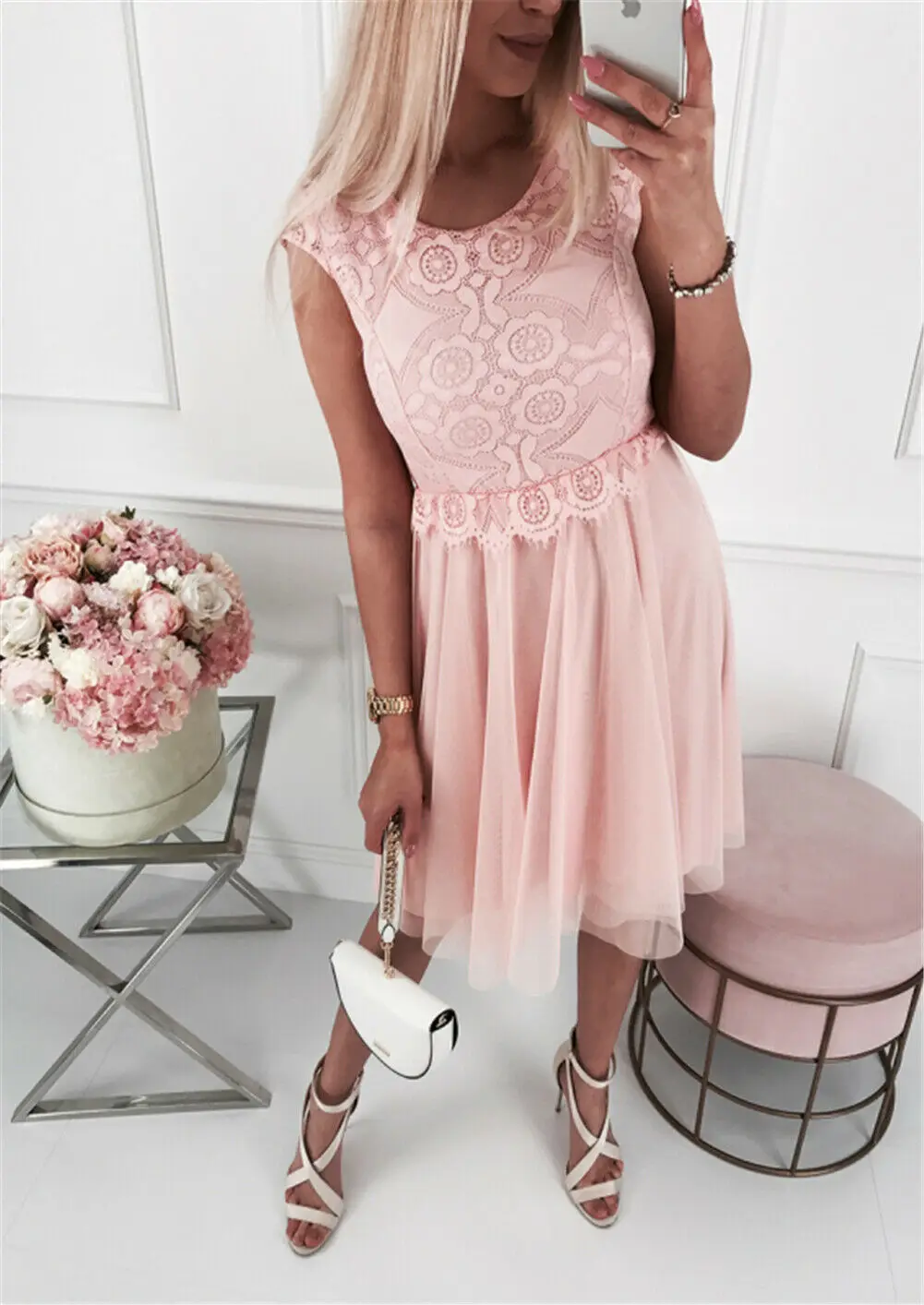 Hot New Women Summer Boho Short Midi Lace Flower Dress Evening Party Club Beach Dress Sundress Elegant Soft Dresses - Цвет: Розовый