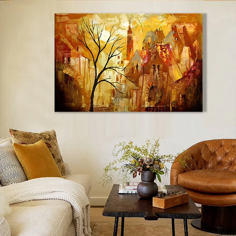 Cheapest Tree and House Abstract Handed Painted Oil Painting On Canvas