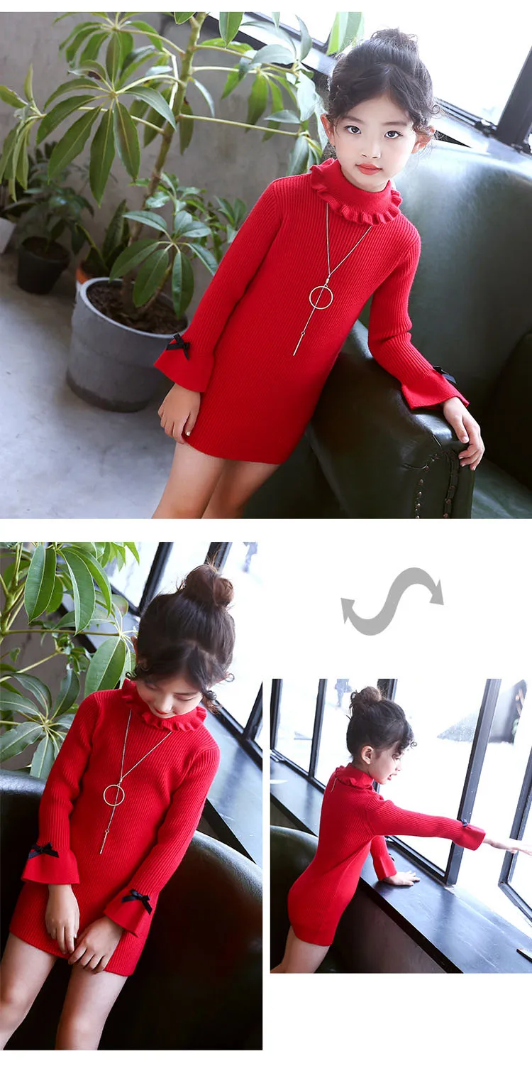 high neck knitting girls sweater dress kids clothes long sleeve knitted red black white autumn winter kids sweater knit tops  5 6 7 8 9 10 11 12 13 14 15 16 years little teenage big girls  white girls dresses  (9)