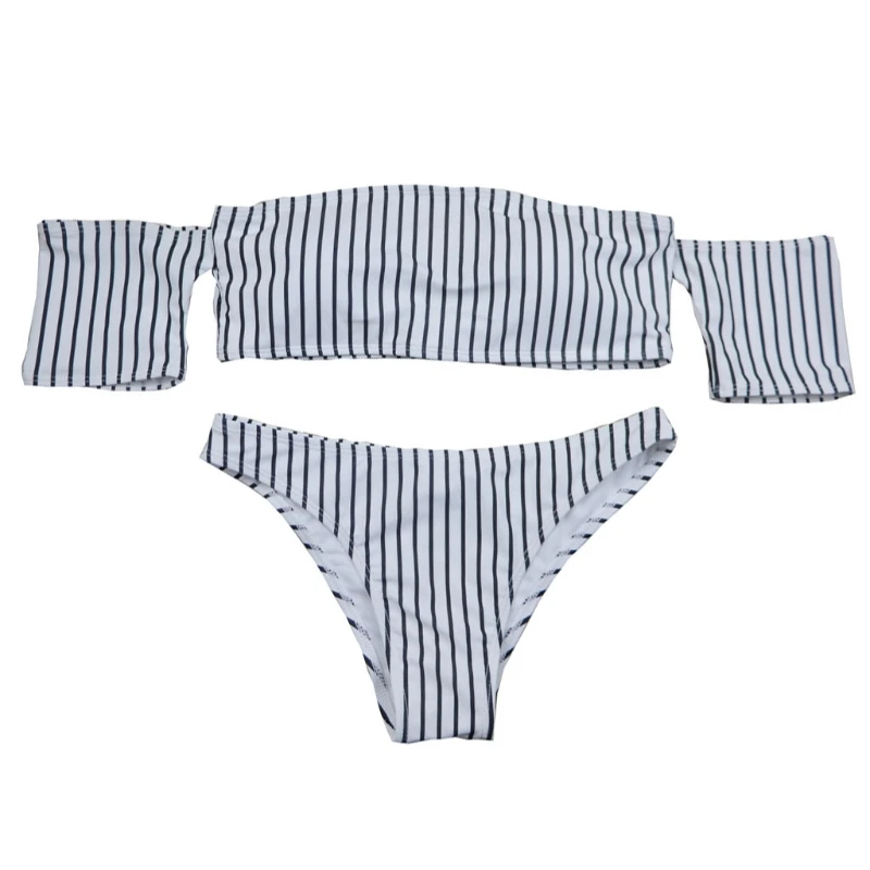 

Women Strapless Bra G-string Stripe Print Bikini Set Swimwear Two Pieces Swimsuit