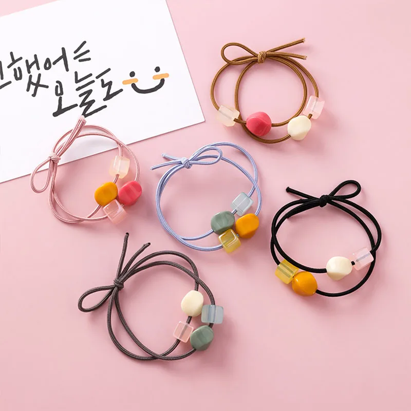 Корея 2019 новые летние эластичные женские обручи для девочек модные аксессуары для волос яркие цветные акриловые бусины конский хвост