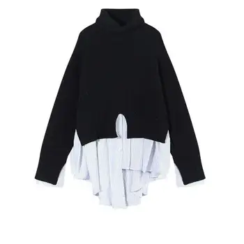 

2020 New Arrival Turtleneck Sweater Mujer Fake Two Pieces Chic Irregular Patchwork Long Knitted Pullover Free Shipping