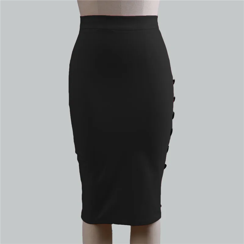 black Модная женская офисная юбка средней длины размера плюс 5XL,, OL, сексуальная, открытая, с разрезом, на пуговицах, тонкая, элегантная юбка карандаш, для офиса, для девушек, юбки красного цвета - Цвет: black