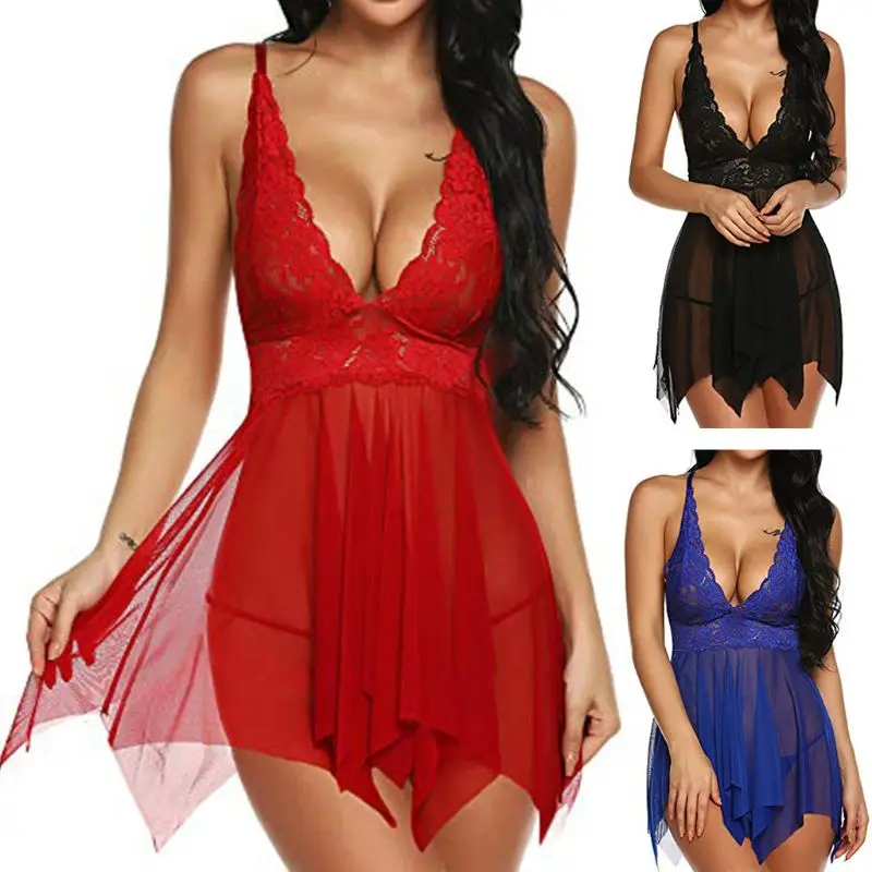 

Womens Plus Size Erotic See Through Mesh Mini Lingerie Dress Deep V-Neck Floral Lace Patchwork Nightgown V Back Irregular Hem Pl