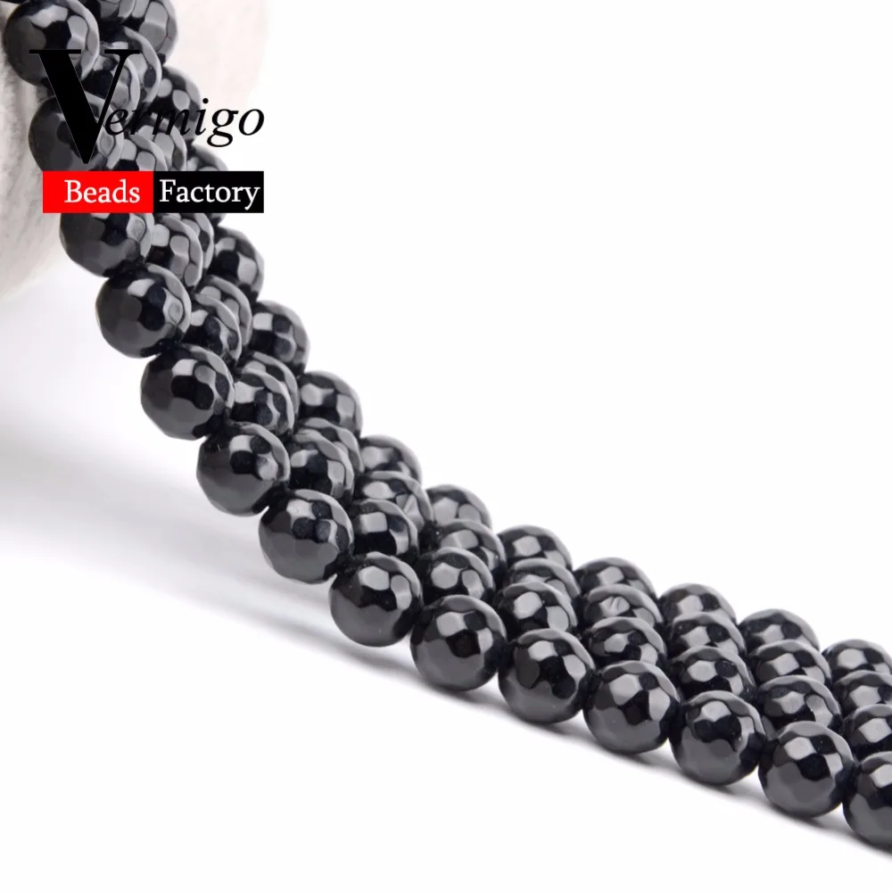 Natural Stones For Jewelry Making Faceted Black Agates Spacer Loose Beads 4 6 8 10 12mm Diy Bracelet Necklace Pearl 15"Strand