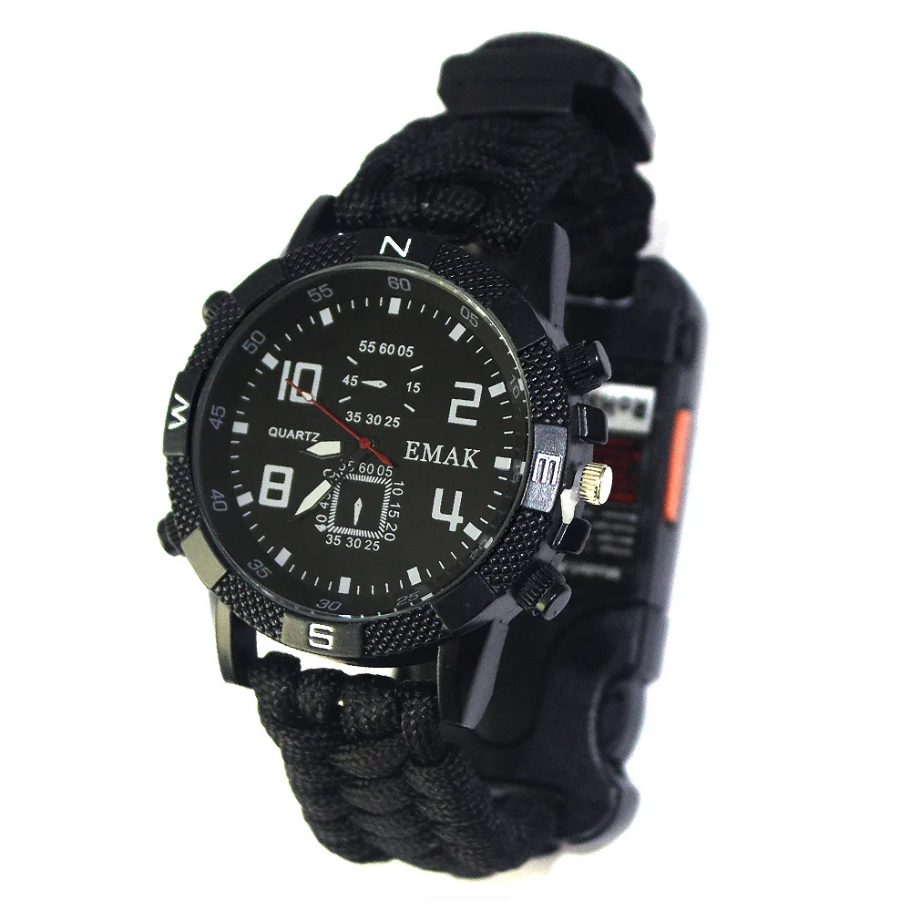 

Outdoor Multi-purpose Mountaineering Survival Watch Rechargeable 2km Infrared SOS LED Light Paracord Compass Whistle Reflector