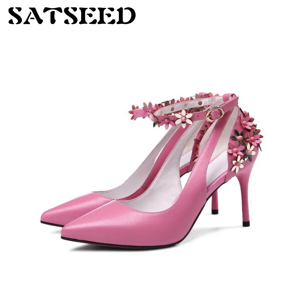 

Spring Women Pumps 2018 Women Shoes New Genuine Leather Shoes Flowers Extreme High Heels Wedding Pumps Elegant Office Lady Shoes