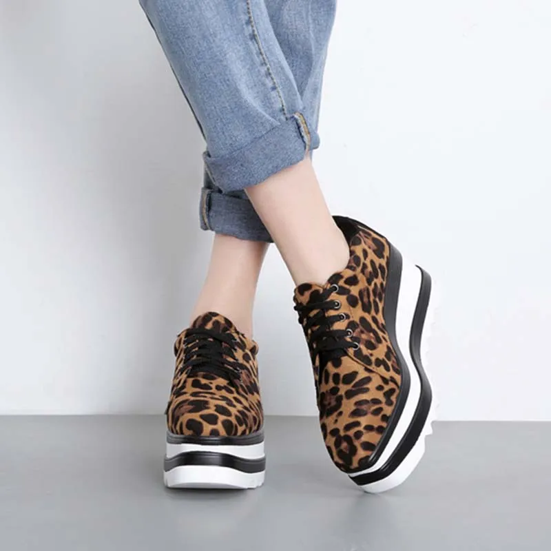 

Woman British Casual Flats Spring Leopard Women Flats Oxfords Shoes Platform Flock Lace-Up Sewing Thick Bottom Shoes Women