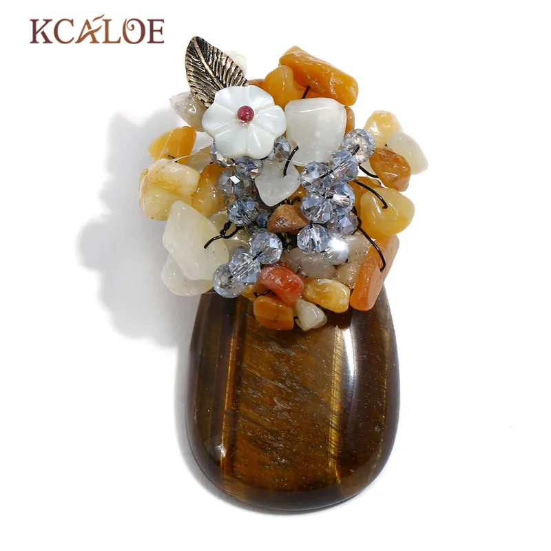 

KCALOE Tiger Eye Stone Pins And Brooches For Women Multicolor Natural Stones Handmade Brooch Pins Shell Flowers Crystal Pin