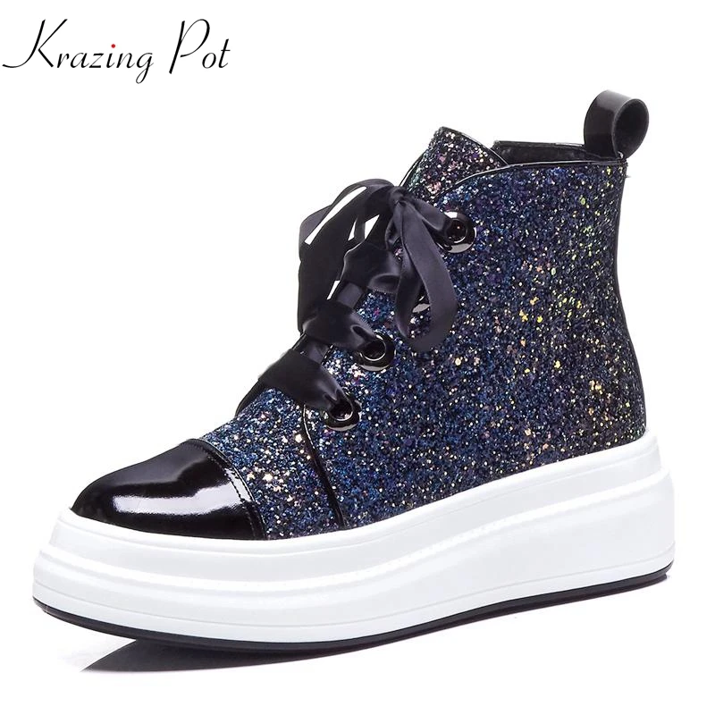 

Krazing Pot 2018 genuine leather round toe lace up sequined cloth bling flat platform lace up leisure Western ankle boots L7f1