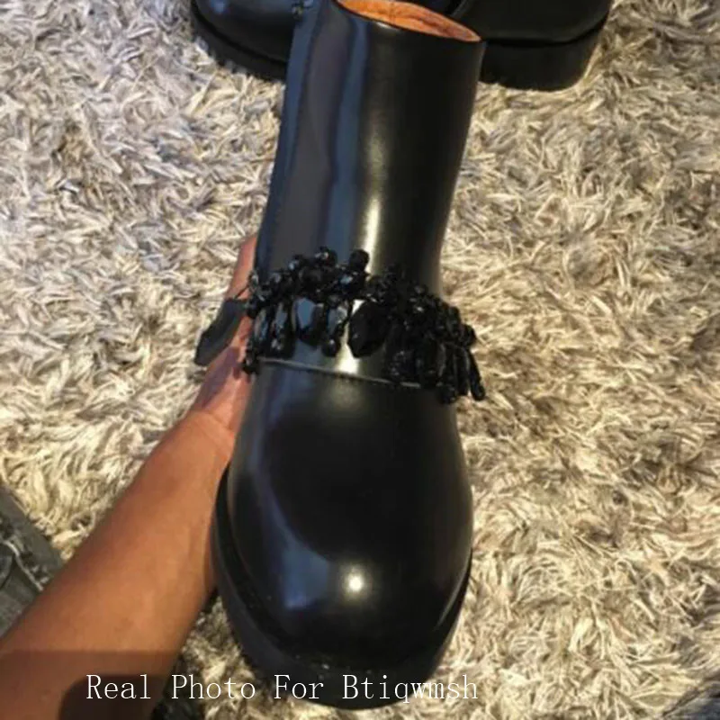 Black Cow Leather Boots Women Round Toe Rhinestone Diamond Chain Ankle Boots For Woman Fashion Martin Boots Zapatos Mujer