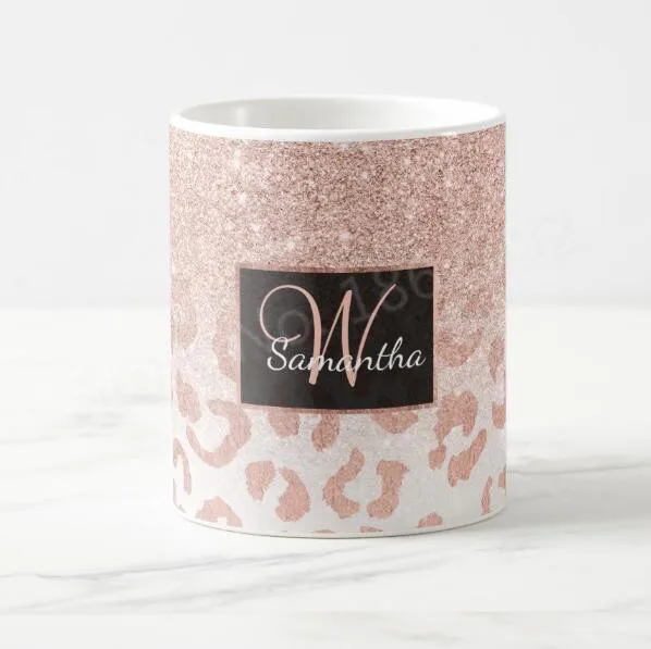 

Trendy Faux Rose Gold Personalised Mug Cup Chic Glitter Ombre Leopard Custom MugsTea Cups Stylish Birthday Wedding Gift for Wife