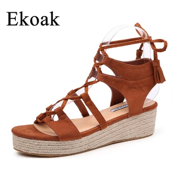 

Ekoak Genuine Leather Women Gladiator Sandals Rome Fashion Platform Women Sandals Lace-up Summer Beach Casual Shoes Woman